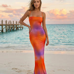 Orange Purple Sunset Ombre Print Strapless Maxi Dress