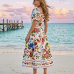 Colorful Floral Print Puff Sleeve Crop Top Midi Skirt Set