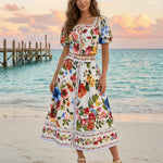 Colorful Floral Print Puff Sleeve Crop Top Midi Skirt Set