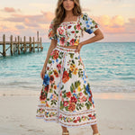 Colorful Floral Print Puff Sleeve Crop Top Midi Skirt Set