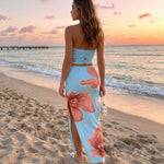 Light Blue Floral Print Halter Crop Top Maxi Skirt Set