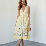 Yellow Floral Embroidery V-Neck Midi Dress