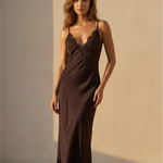 Brown Lace Trim Satin Cami Maxi Dress