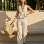 Beige Striped Linen Blend Peplum Top Wide Leg Pants Set