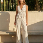 Beige Striped Linen Blend Peplum Top Wide Leg Pants Set