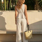 Beige Striped Linen Blend Peplum Top Wide Leg Pants Set