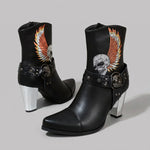 EKON Embroidered Skull Moto Ankle Boots