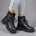 EKON Floral Print Lace-Up Moto Boots