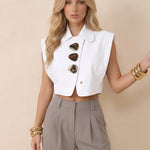 White Cropped Sleeveless Blouse with Statement Buttons