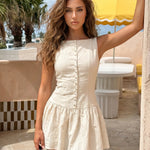 Beige Linen-Blend Sleeveless Button Front Drop Waist Mini Dress