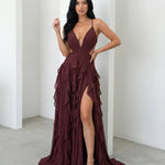 Burgundy Deep V Spaghetti Strap Cutout Ruffle High Slit Chiffon Maxi Dress