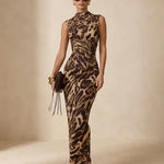 Leopard Print High Neck Sleeveless Corset Waist Maxi Dress
