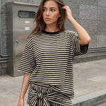 Beige Black Stripe Contrast Collar Oversized Short Sleeve T-Shirt Wide Leg Shorts Set