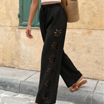 Black Floral Cutout Wide Leg Casual Pants