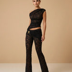 Black Lace Asymmetrical Shoulder Crop Top Flare Leg Pants Set