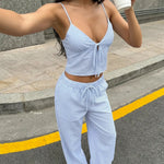 Blue Striped Crop Top Wide Leg Pants Slim Fit Long Two Piece Set