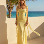 Yellow Solid Square Neck Ruffle Strap Ruched Bodycon Maxi Dress