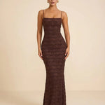 Brown Lace Spaghetti Strap Bodycon Back Slit Maxi Dress