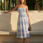 Blue Printed Strapless Smocked Waist Midi Dress