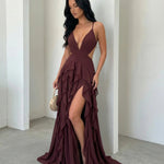 Burgundy Deep V Spaghetti Strap Cutout Ruffle High Slit Chiffon Maxi Dress
