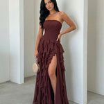 Burgundy Strapless Ruched Waist Cascading Ruffle High Slit Chiffon Maxi Dress