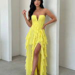 Lemon Yellow Halter Neck Strapless Corset Ruffle High Slit Chiffon Maxi Dress