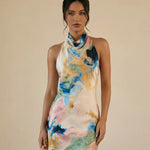 Multicolor Watercolor Print Cowl Neck Halter Bodycon Mini Dress
