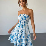 Blue Floral Print Strapless Smocked Tiered Mini Dress