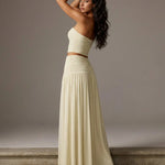 Beige Strapless Ruched Crop Top Flowy Maxi Skirt Set