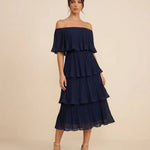 Navy Blue Pleated Tiered Slim Fit Midi Dress