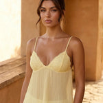 Yellow Lace Trim Pleated Spaghetti Strap Babydoll Vacation Cropped Top