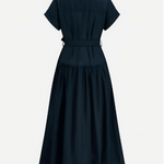 Navy Blue Belted Linen Blend Midi Shirt Dress
