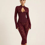 Lace Mandarin Collar Keyhole Corset Waist Jumpsuit