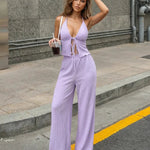 Lilac Tie Front Ribbed Knit Slim Fit Cropped Top Full Length Pants Set