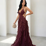 Burgundy Deep V Spaghetti Strap Cutout Ruffle High Slit Chiffon Maxi Dress