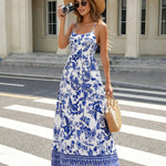 Blue Floral Print Spaghetti Strap Maxi Dress
