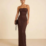 Brown Lace Spaghetti Strap Bodycon Back Slit Maxi Dress