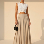 Beige Minimalist Linen Blend Pleated High Waist Maxi Skirt