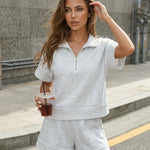 Heather Grey Quarter Zip Top Soft Jersey Relaxed Regular Shorts Set