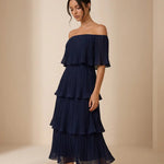 Navy Blue Pleated Tiered Slim Fit Midi Dress