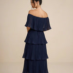 Navy Blue Pleated Tiered Slim Fit Midi Dress