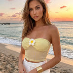 Yellow Floral Embellished Sheer Mesh Slim Fit Crop Tube Top