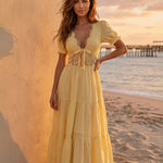 Yellow Lace Bodice with Crochet Trim Slim Fit Maxi Dress