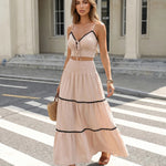 Beige Ric Rac Trim Crop Top Tiered Maxi Skirt Set