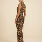 Leopard Print High Neck Sleeveless Corset Waist Maxi Dress