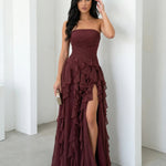 Burgundy Strapless Ruched Waist Cascading Ruffle High Slit Chiffon Maxi Dress