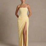 Elegant Corset Back Strapless Draped Side Slit Maxi Dress
