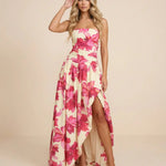 Pink Floral Strapless Ruched High Slit Maxi Dress