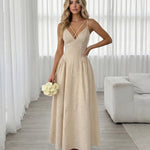 Beige Cross Strap V Neck Maxi Dress