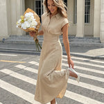 Beige Waist-Tie Linen Blend Maxi Shirt Dress